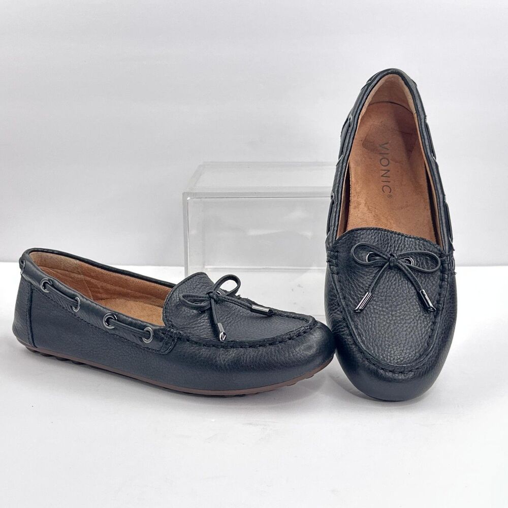 Vionic Virginia Leather Shoes Womens 6 Black Moccasin Driving Loafers Comfort